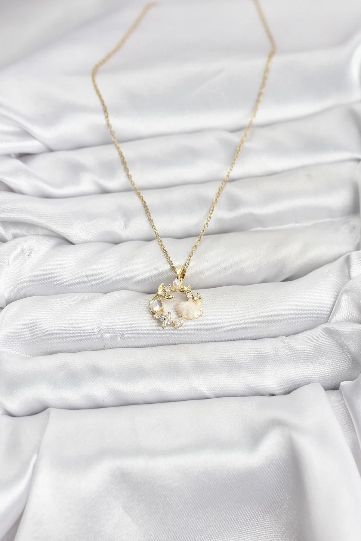 316L Çelik Zincir Gold Renk Deniz Tema Model Zirkon Taşlı Kadın Kolye