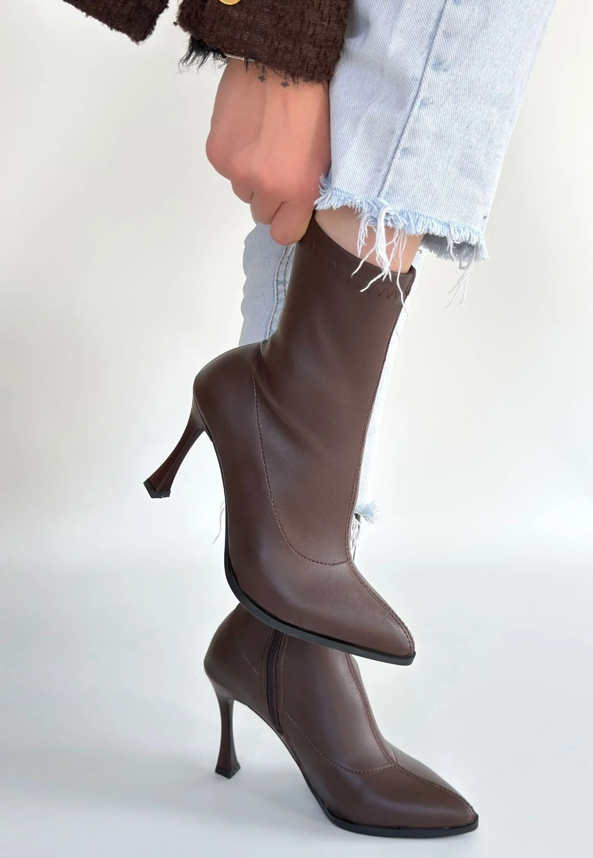 Orjen Kahverengi Cilt Streç Topuklu Bot