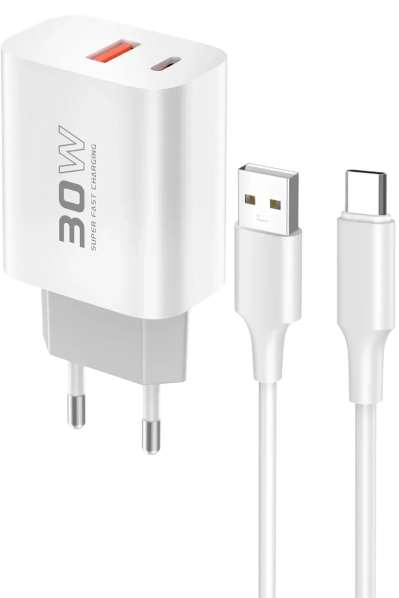 Konfulon C89Q 1 Adet 30W Type-C ve 1 Adet 22.5W USB Çıkışlı Ekstra DL49 1M USB to Type-C Kablolu PD Şarj Cihazı - Beyaz