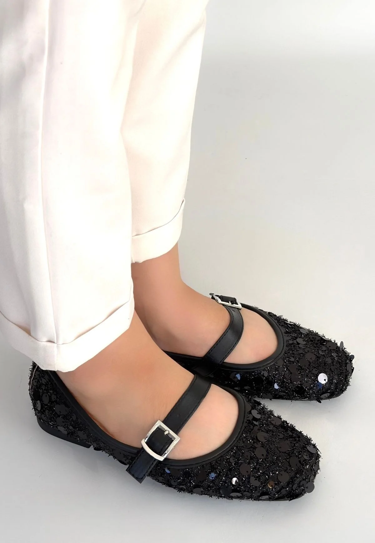 Zaty Siyah Süet Siyah Pullu Babet Ayakkabı