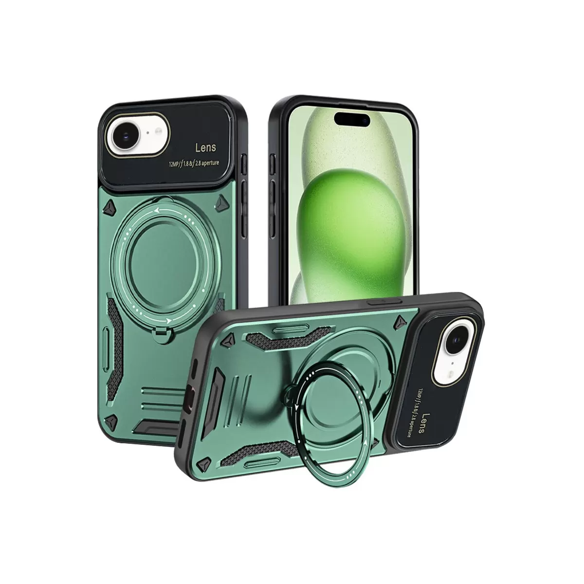 Newface Apple iPhone 16E Kılıf Joy Lens Standlı Kapak - Koyu Yeşil