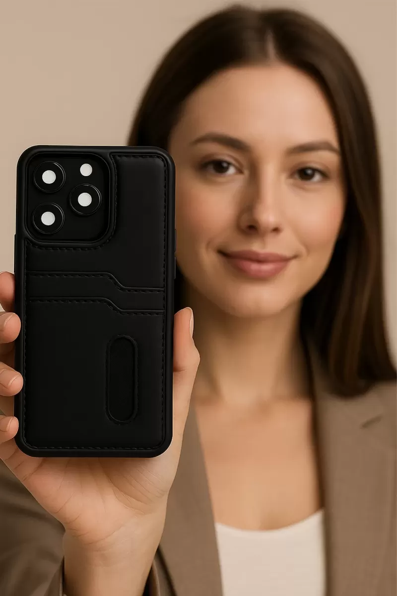 Newface Apple iPhone 16E Kılıf Sara Kartvizitli Deri Kılıf - Siyah