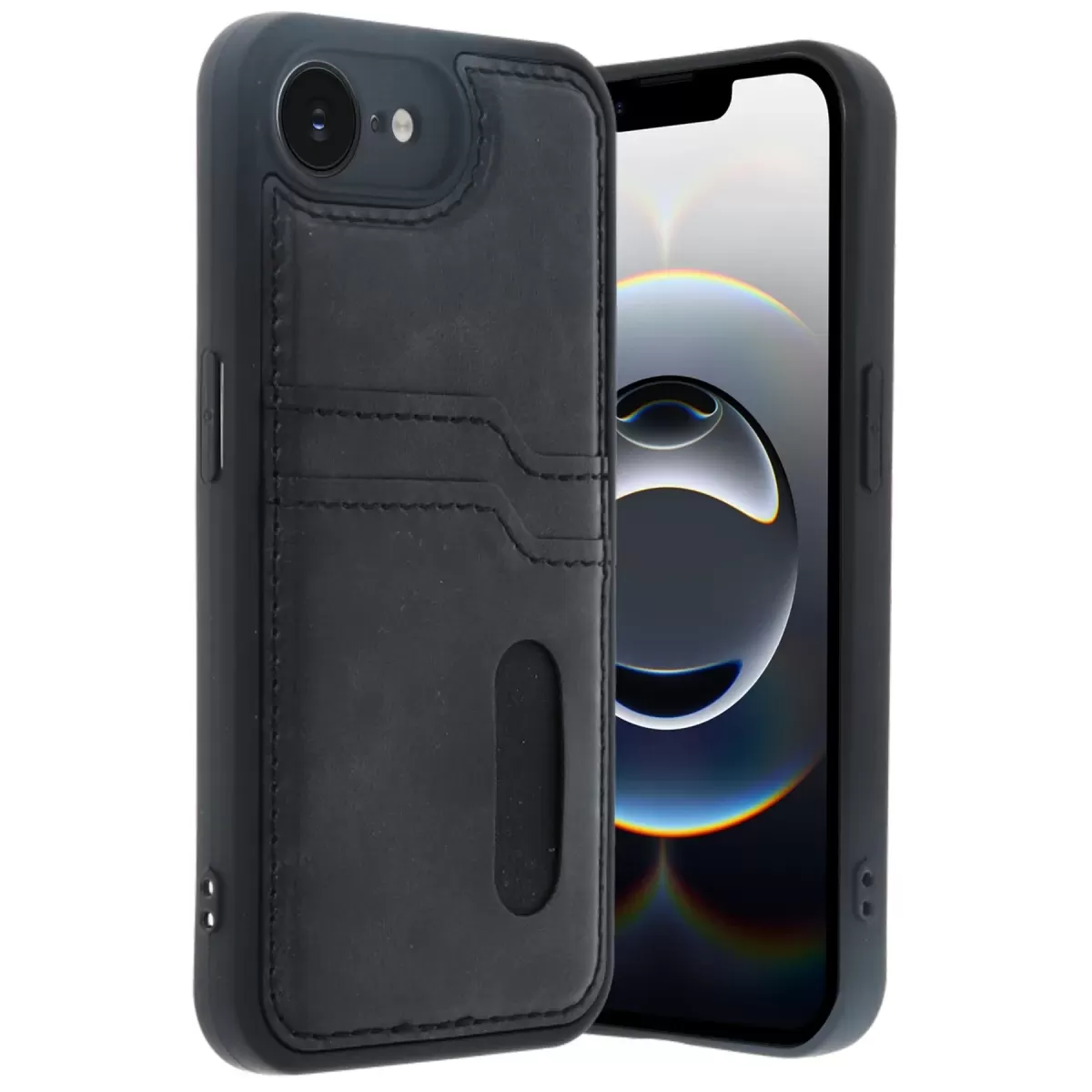 Newface Apple iPhone 16E Kılıf Sara Kartvizitli Deri Kılıf - Siyah