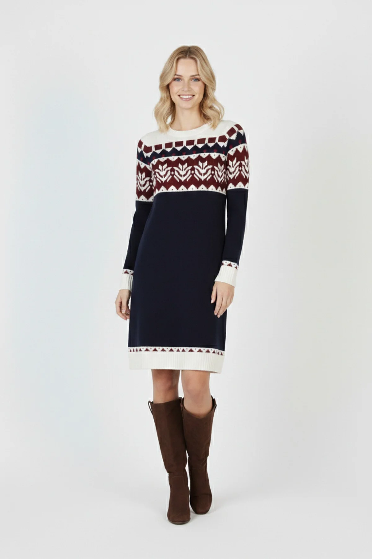 Kadın Lacivert Desenli Bisiklet Yaka Uzun Kollu Jakarlı Triko Kazak Elbise