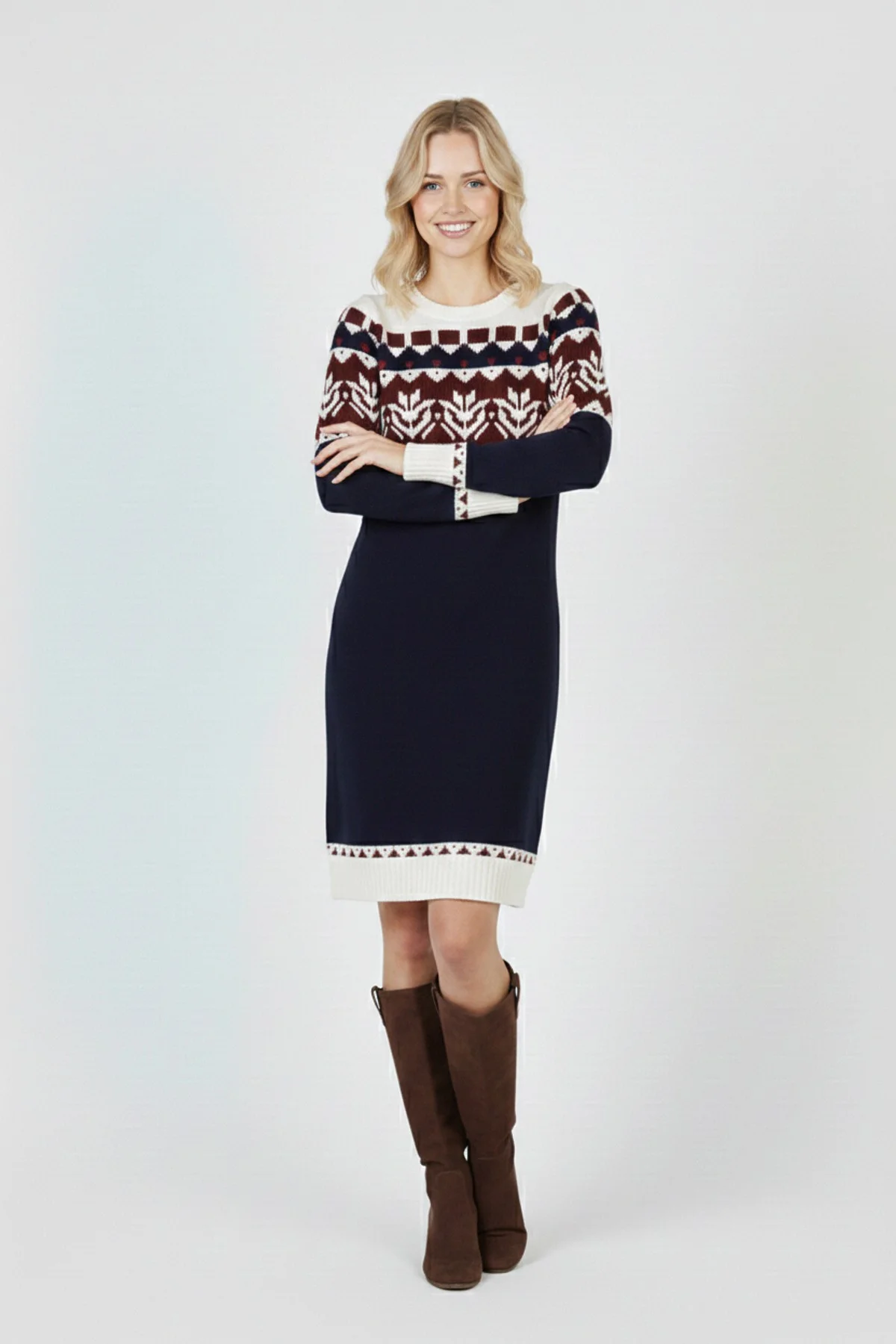 Kadın Lacivert Desenli Bisiklet Yaka Uzun Kollu Jakarlı Triko Kazak Elbise