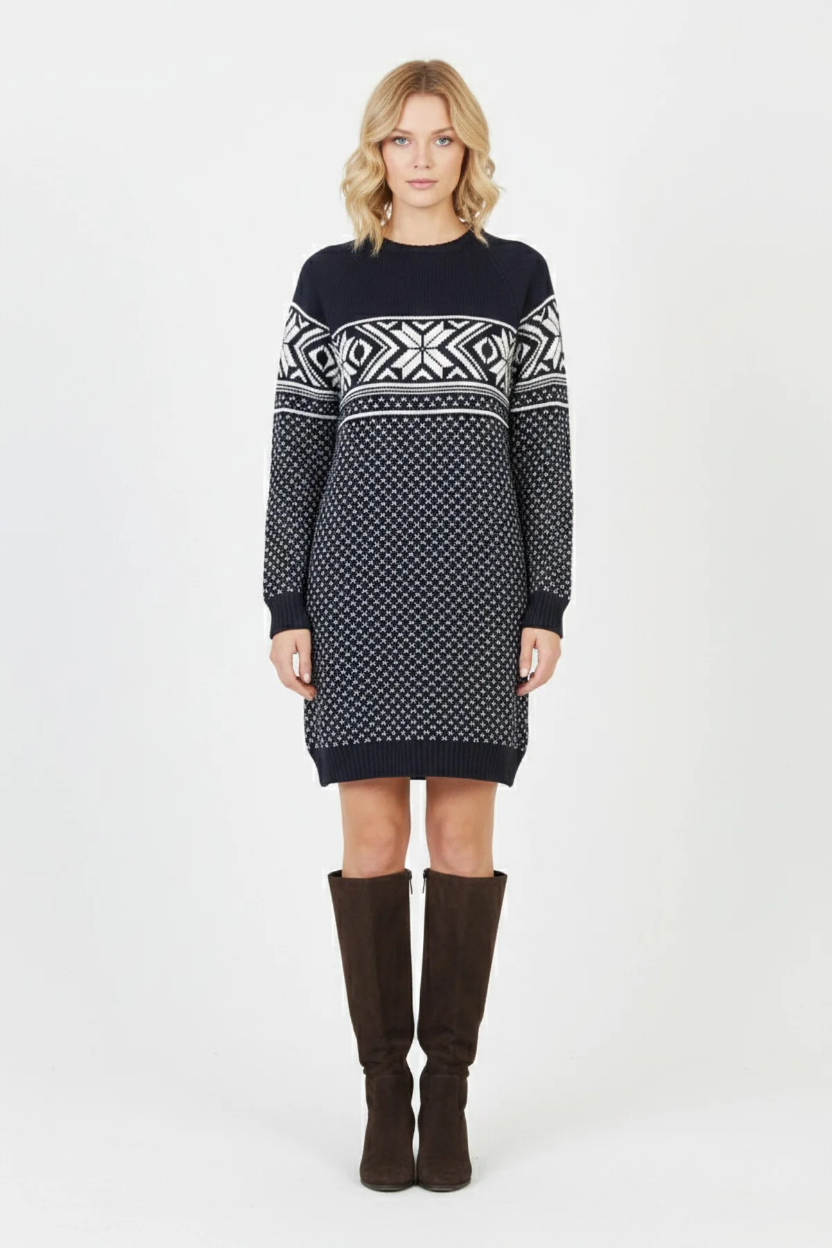 Kadın Lacivert Kar Tanesi Desenli Bisiklet Yaka Raglan Kol Jakarlı Triko Mini Kazak Tunik