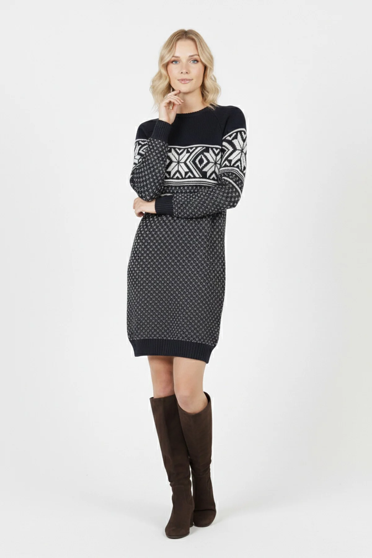 Kadın Lacivert Kar Tanesi Desenli Bisiklet Yaka Raglan Kol Jakarlı Triko Mini Kazak Tunik