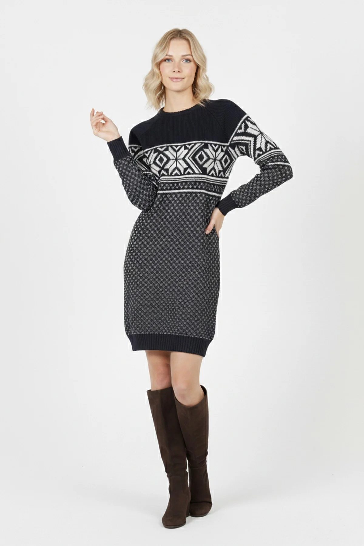 Kadın Lacivert Kar Tanesi Desenli Bisiklet Yaka Raglan Kol Jakarlı Triko Mini Kazak Tunik