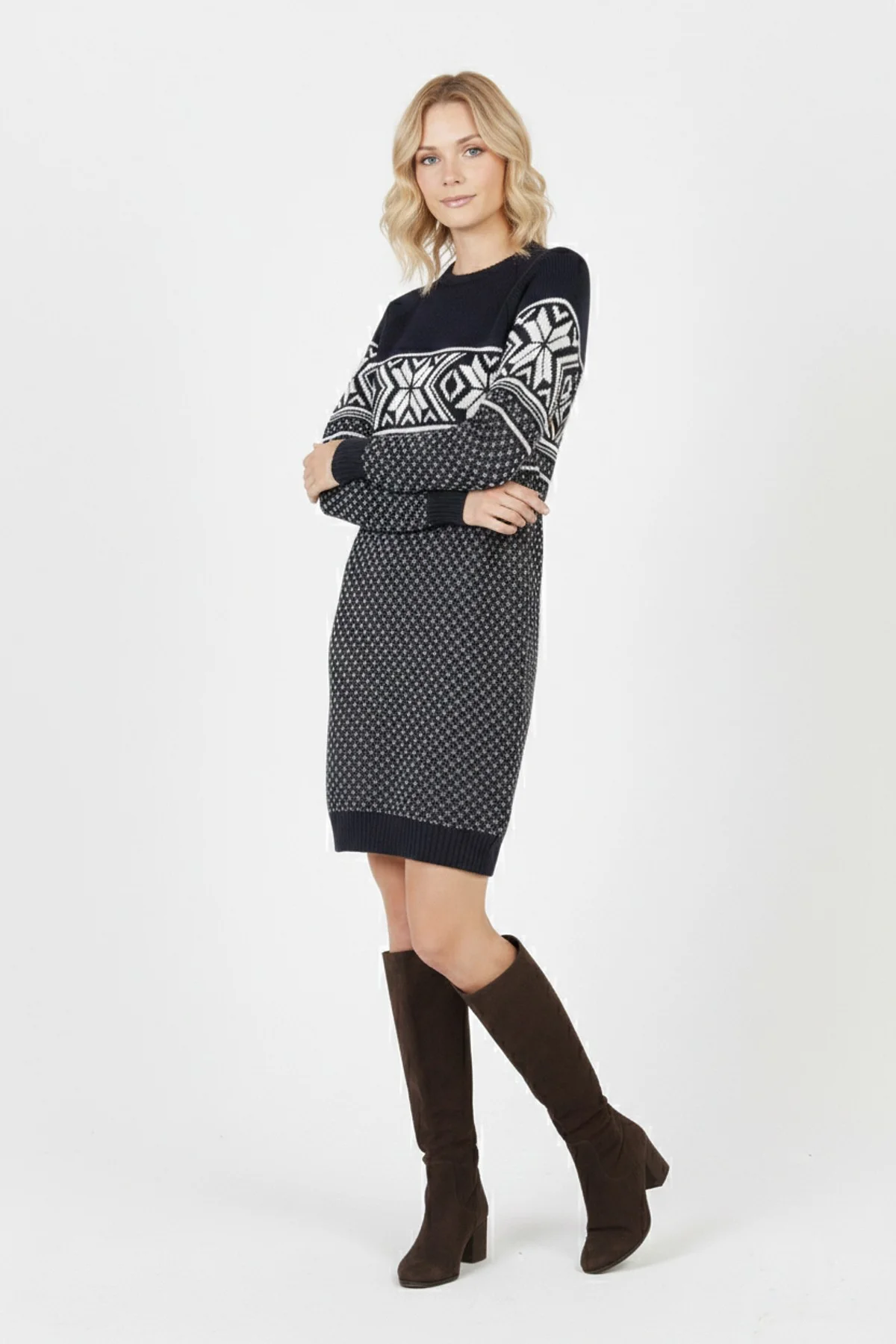 Kadın Lacivert Kar Tanesi Desenli Bisiklet Yaka Raglan Kol Jakarlı Triko Mini Kazak Tunik