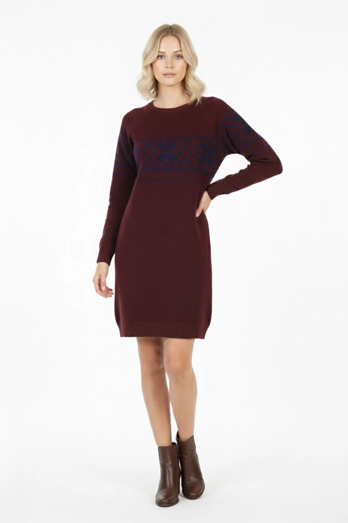 Kadın Bordo Kar Tanesi Desenli Bisiklet Yaka Raglan Kol Jakarlı Triko Mini Kazak Tunik