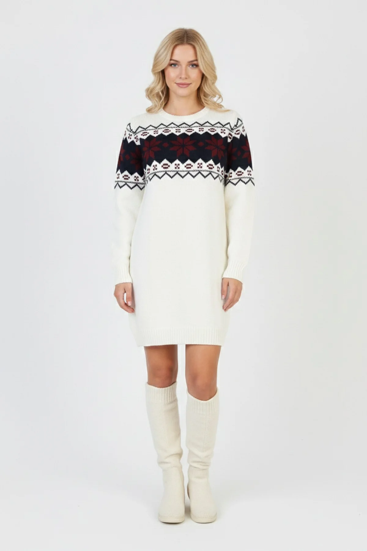 Kadın Beyaz Bel Desenli Bisiklet Yaka Standart Kol Jakarlı Örgü Triko Kazak Elbise