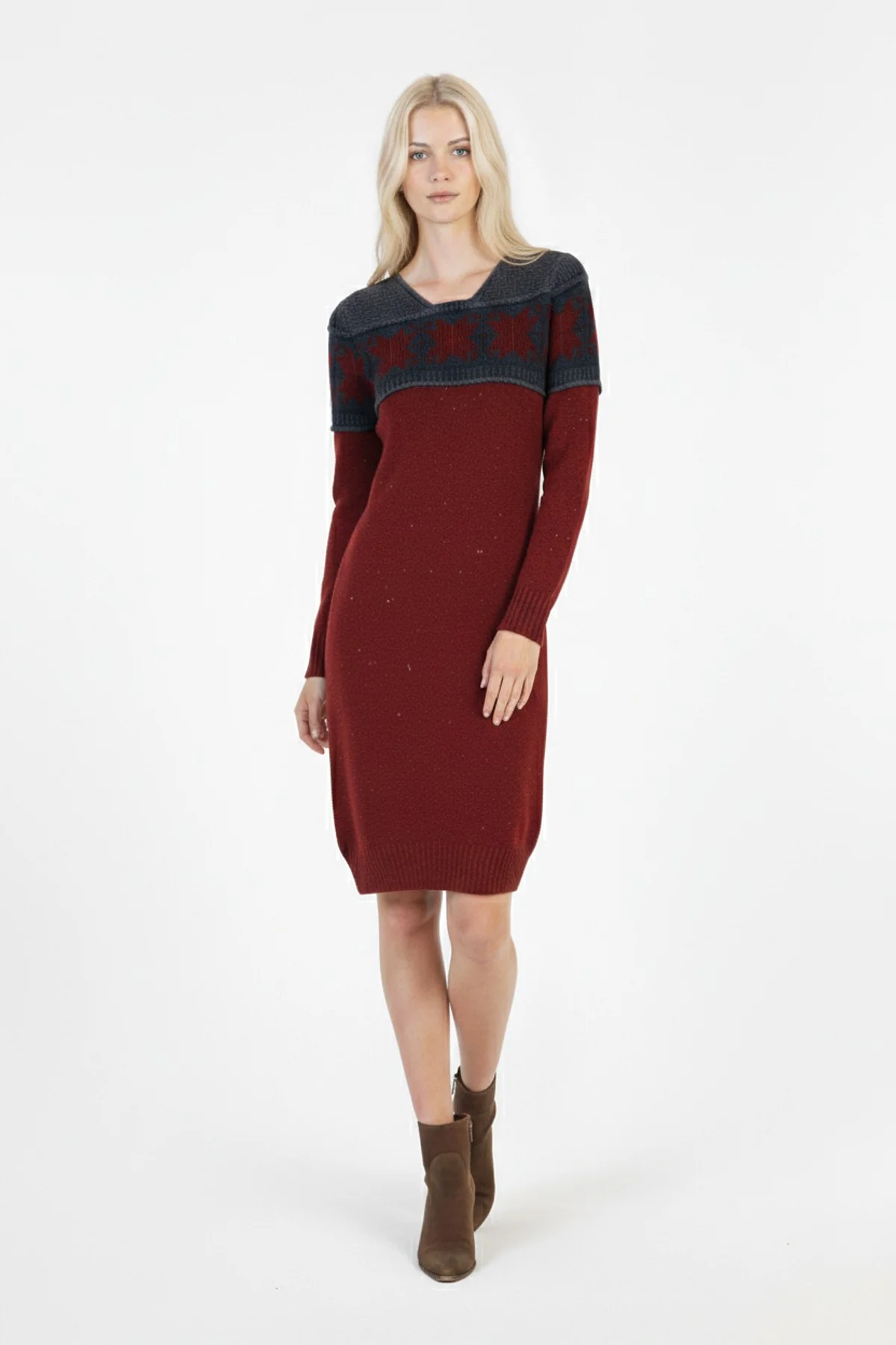 Kadın Bordo Kar Tanesi Desenli Bisiklet Yaka Uzun Kollu Jakarlı Mini Triko Kazak Elbise