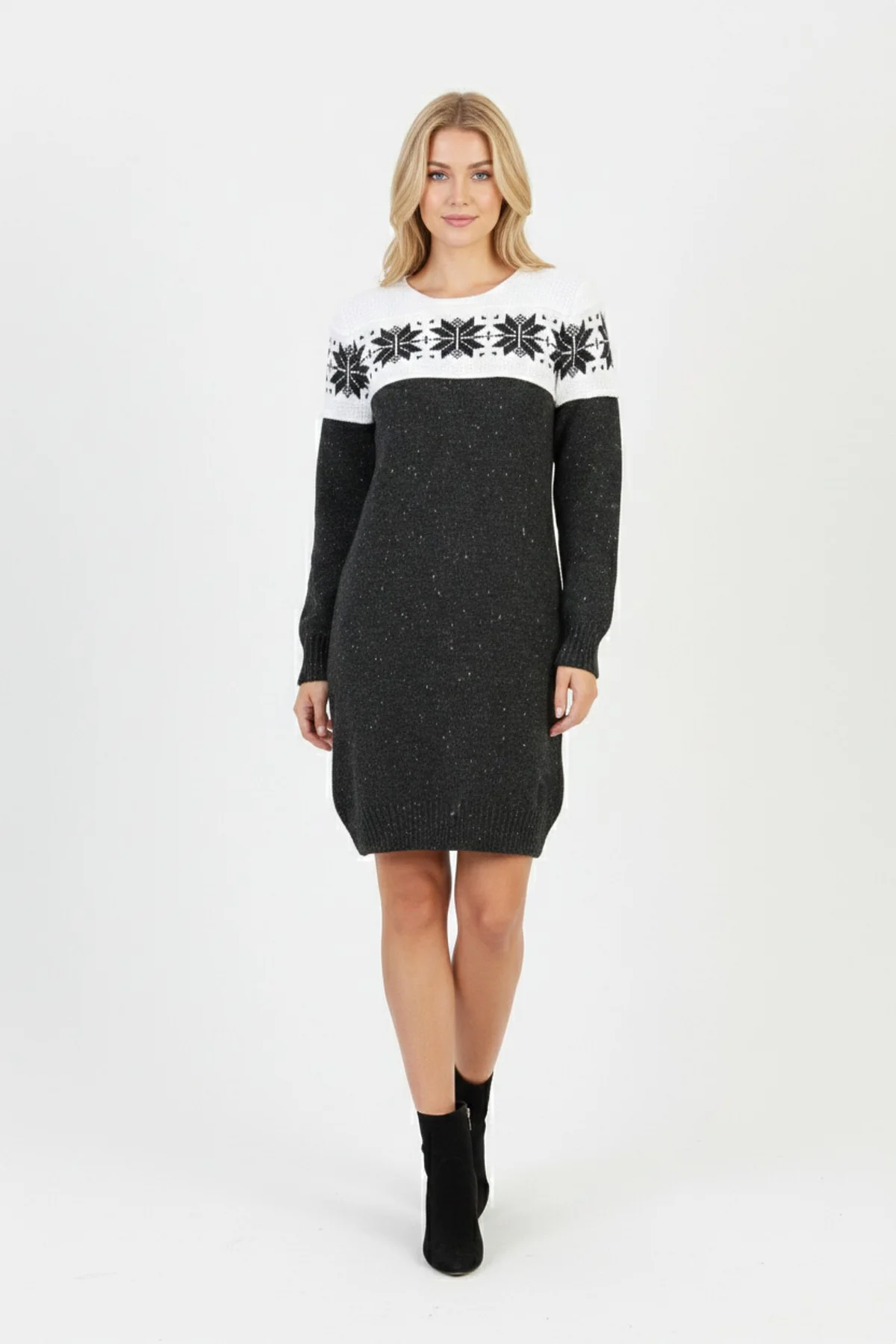 Kadın Füme Kar Tanesi Desenli Bisiklet Yaka Uzun Kollu Jakarlı Mini Triko Kazak Elbise