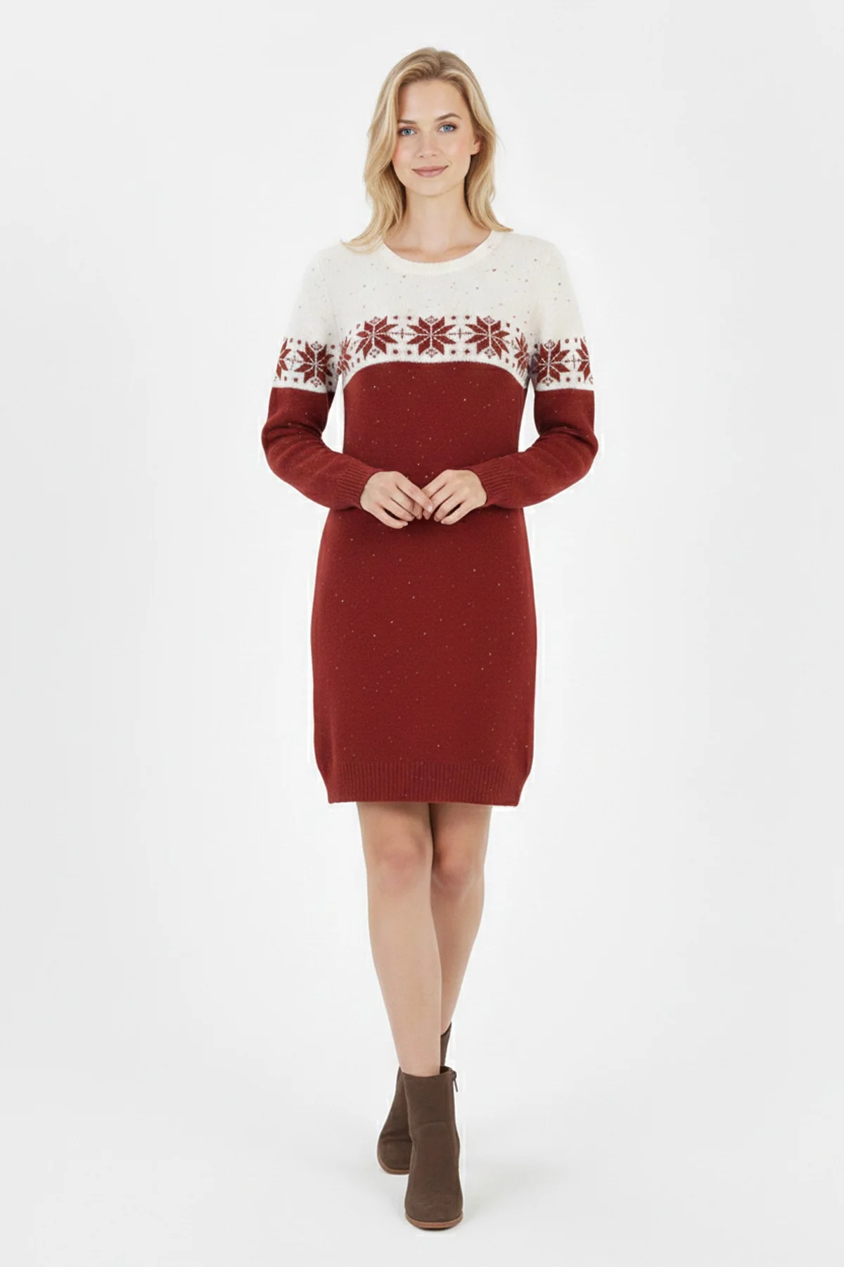 Kadın Kırmızı Kar Tanesi Desenli Bisiklet Yaka Uzun Kollu Jakarlı Mini Triko Kazak Elbise