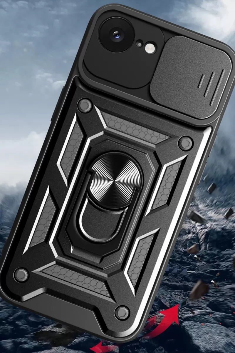 Newface Apple iPhone 16E Kılıf Pars Lens Yüzüklü Silikon - Kırmızı