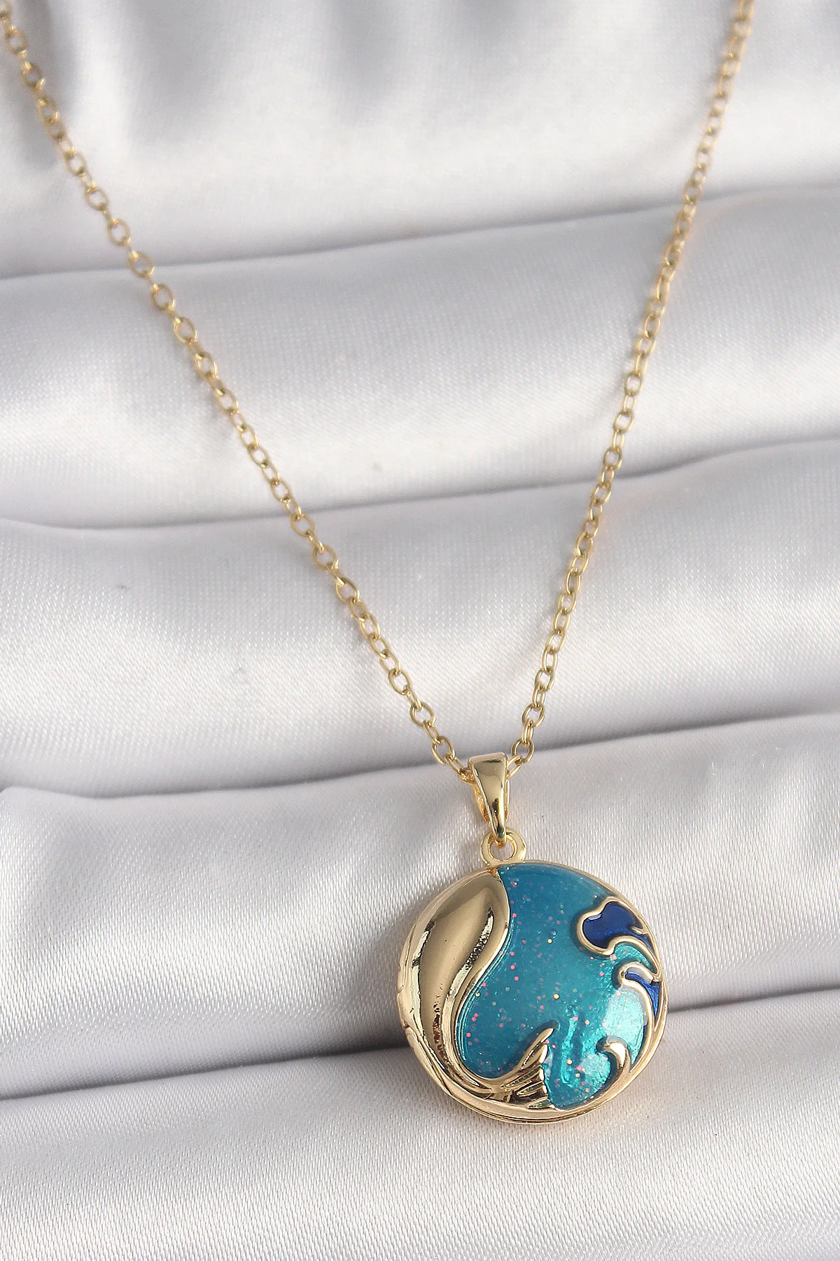 316L Çelik Gold Renk Zincir Mavi Dünya Model Kadın Kolye