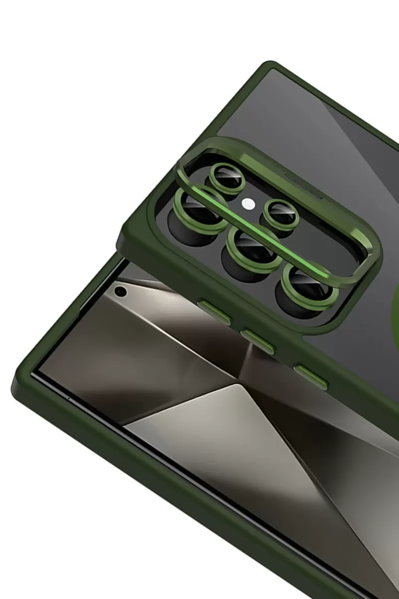 Joko Samsung Galaxy S23 Ultra Remim Lensli Magsafe Standlı Kapak - Koyu Yeşil