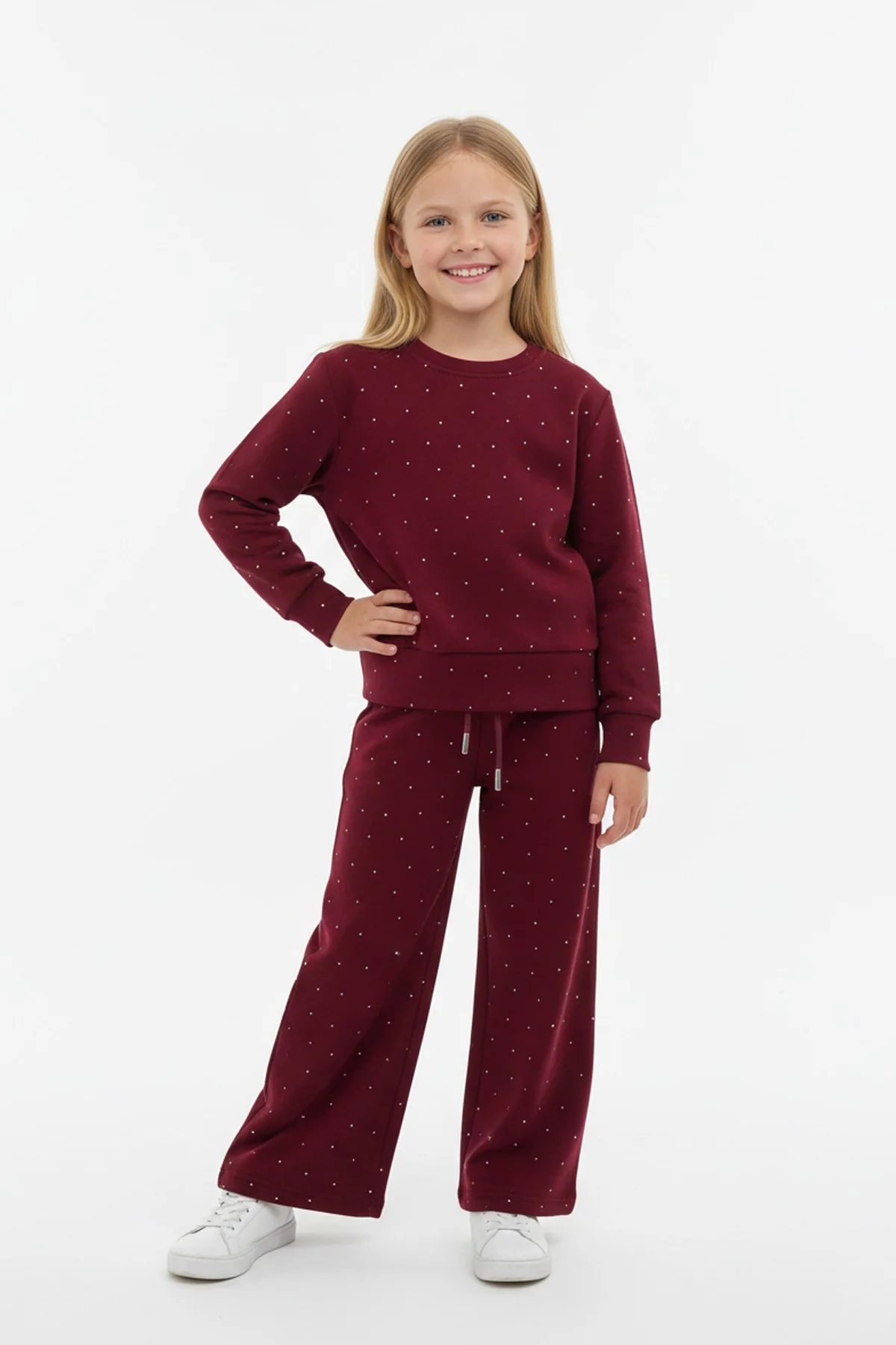 Kız Çocuk Parlak Taş İşlemeli Uzun Kollu Sweatshirt Ve Geniş Paça Takım