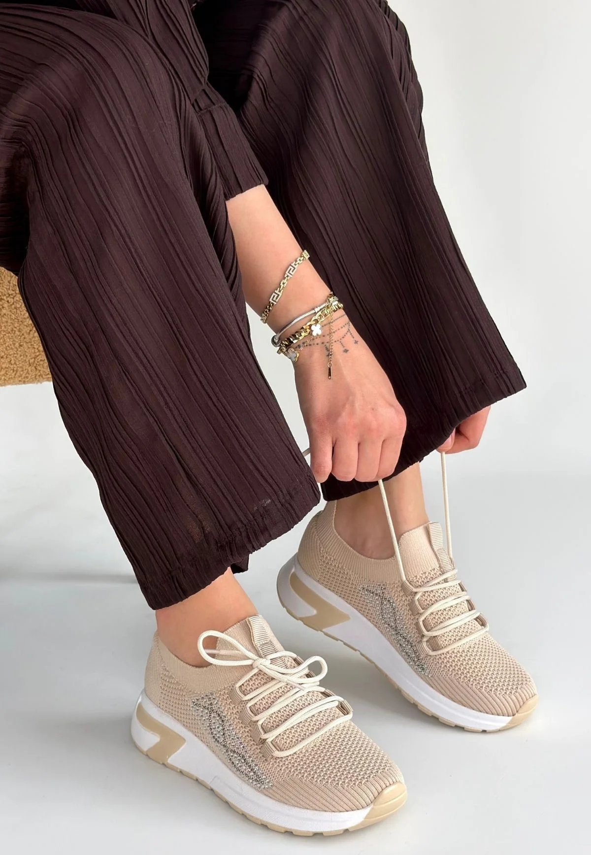 Belan Bej Triko Bağcıklı Spor Ayakkabı