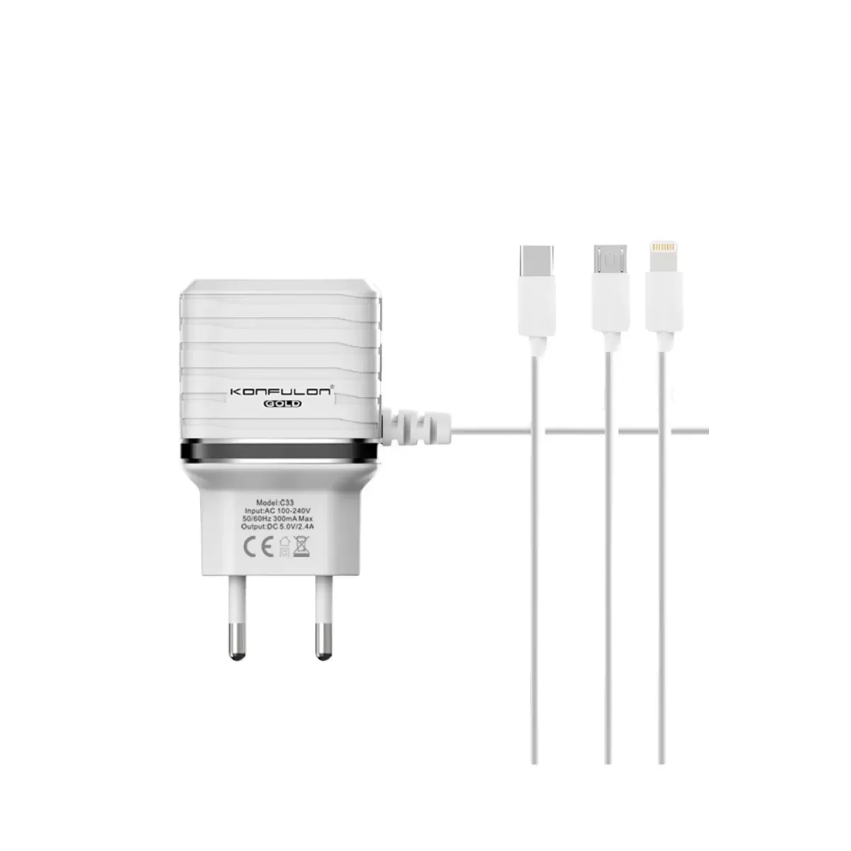 Konfulon C33 Hızlı Şarj Cihazı 3in1 (Dahili Lightning Kablo iphone Uyumlulu)