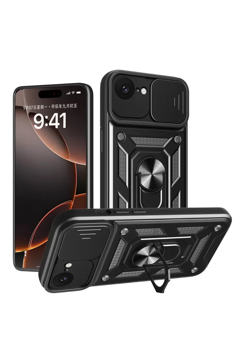 Newface Apple iPhone 16E Kılıf Pars Lens Yüzüklü Silikon - Siyah