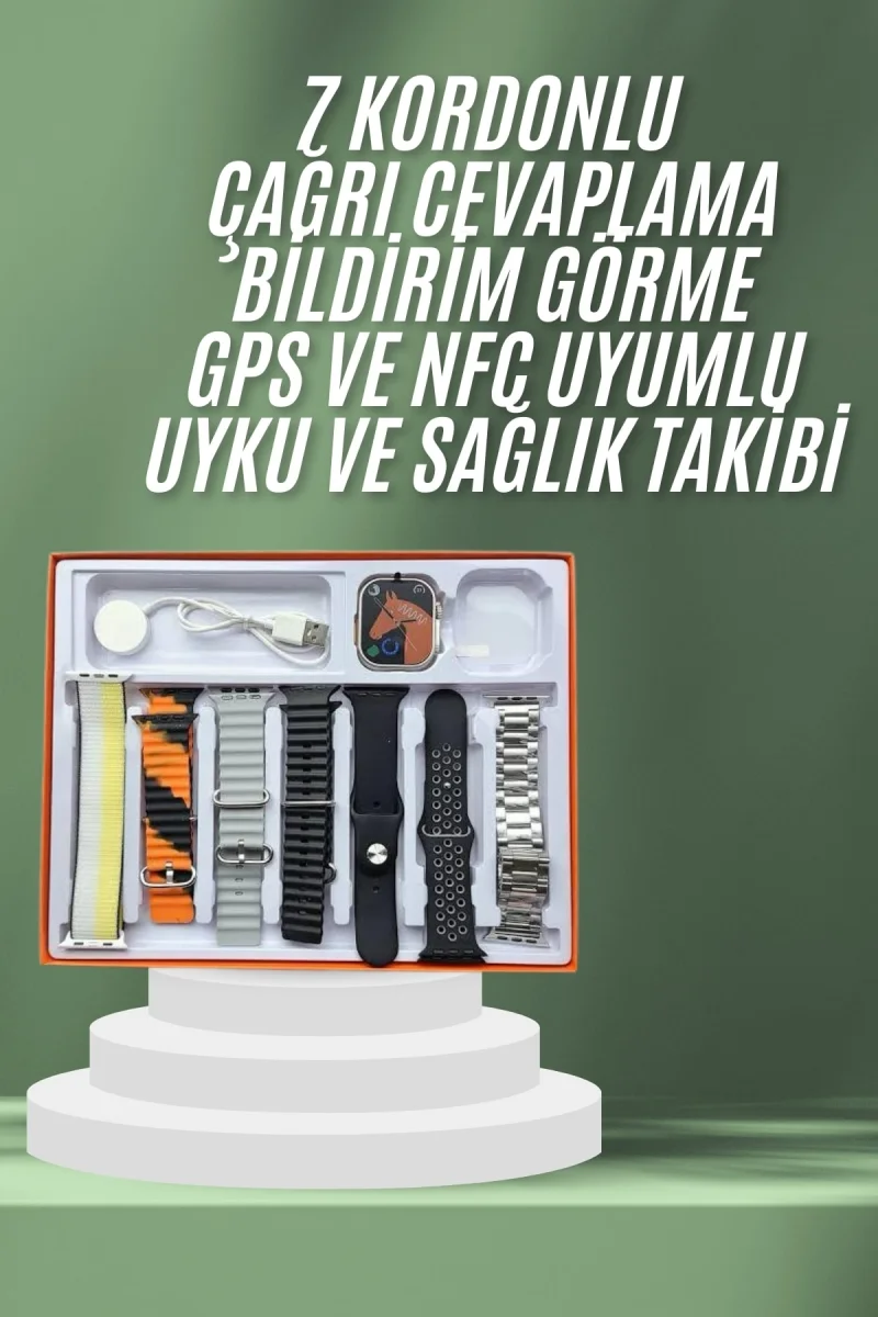 2.05 İnç IPS Ekranlı Akıllı Saat Sağlık Takip ve Spor Modları 7 Kordonlu