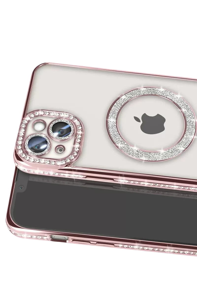 Newface Apple iPhone 15 Kılıf Joke Simli Magneticsafe Kılıf - Pembe