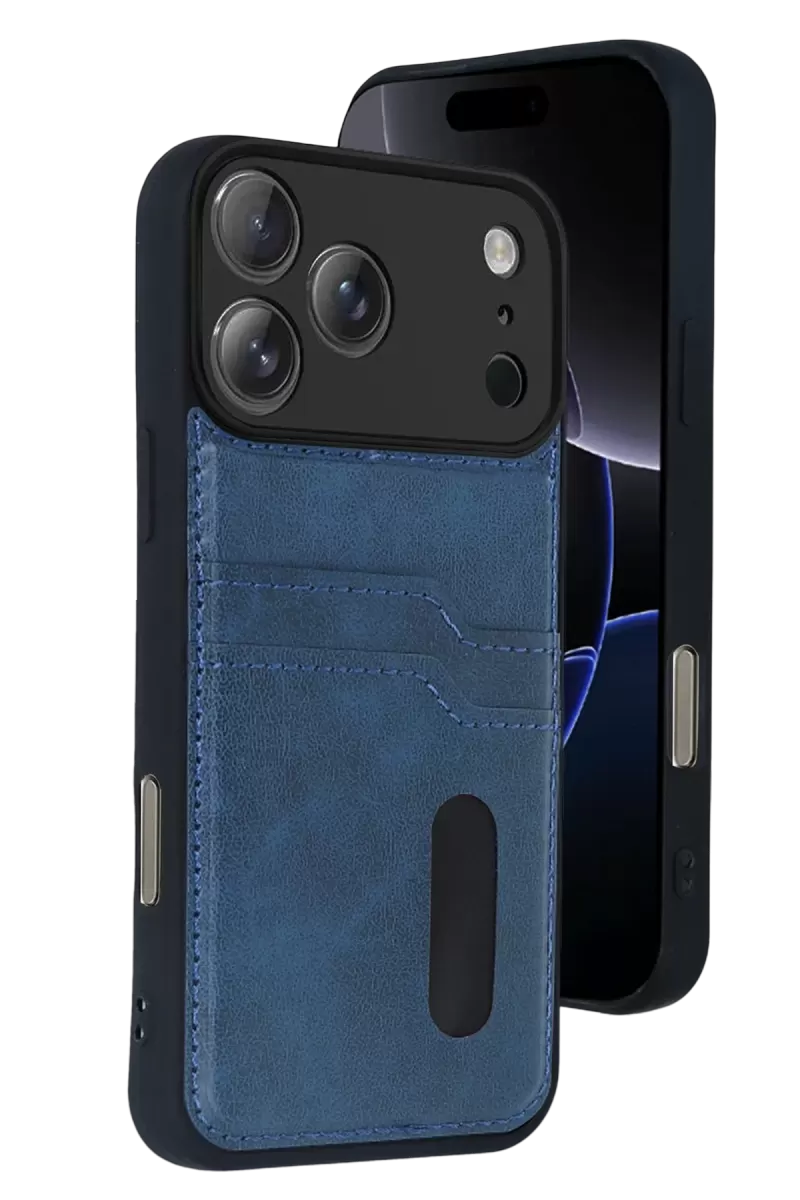 Newface Apple iPhone 17 Pro Sara Kartvizitli Deri Kılıf - Lacivert