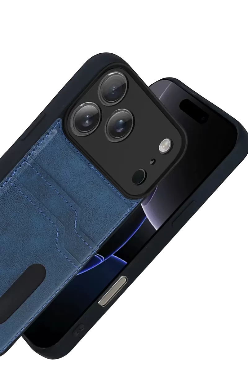 Newface Apple iPhone 17 Pro Sara Kartvizitli Deri Kılıf - Lacivert