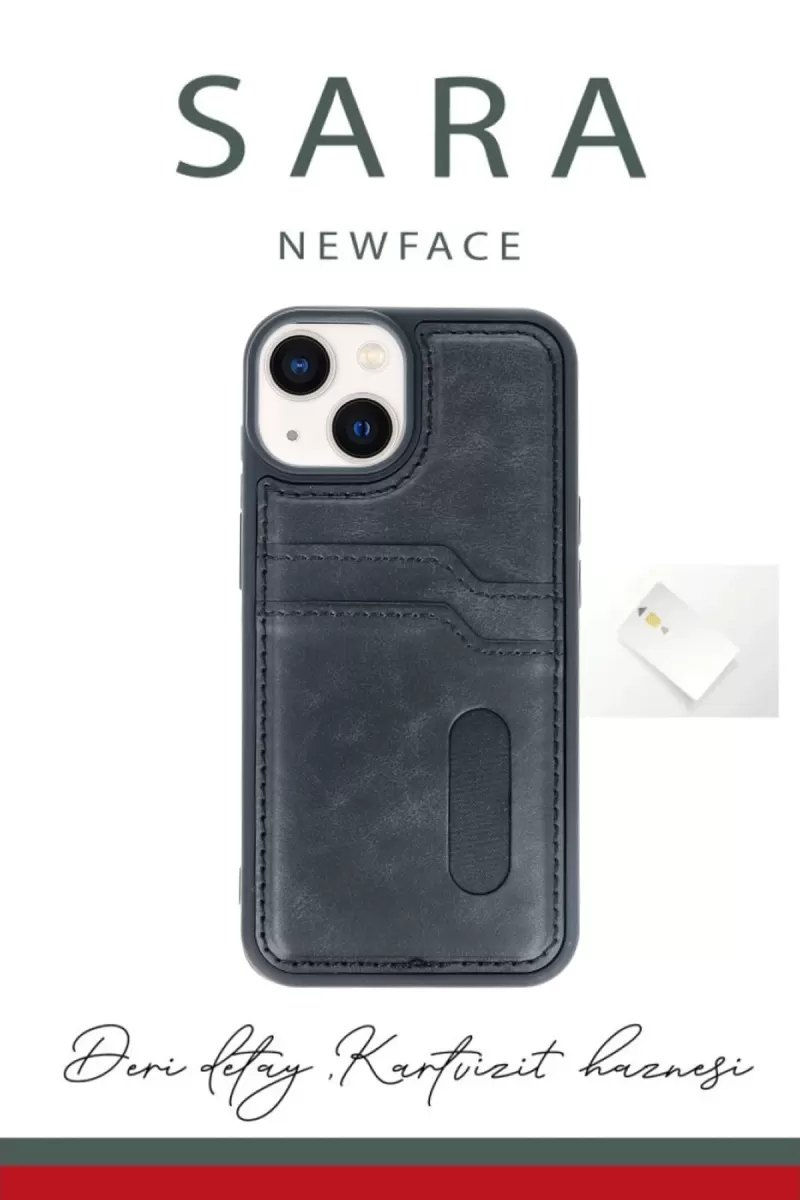 Newface Apple iPhone 15 Sara Kartvizitli Deri Kılıf - Siyah