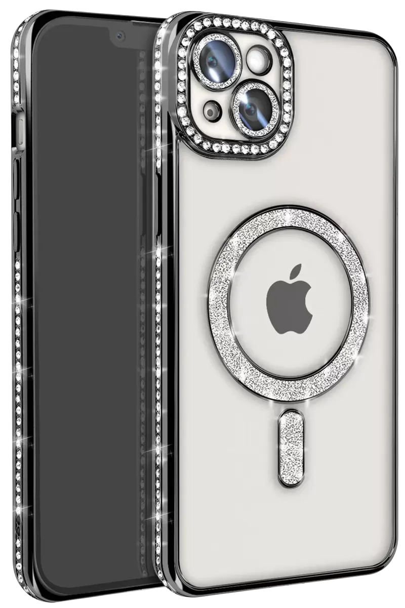 Newface Apple iPhone 15 Kılıf Joke Simli Magneticsafe Kılıf - Siyah