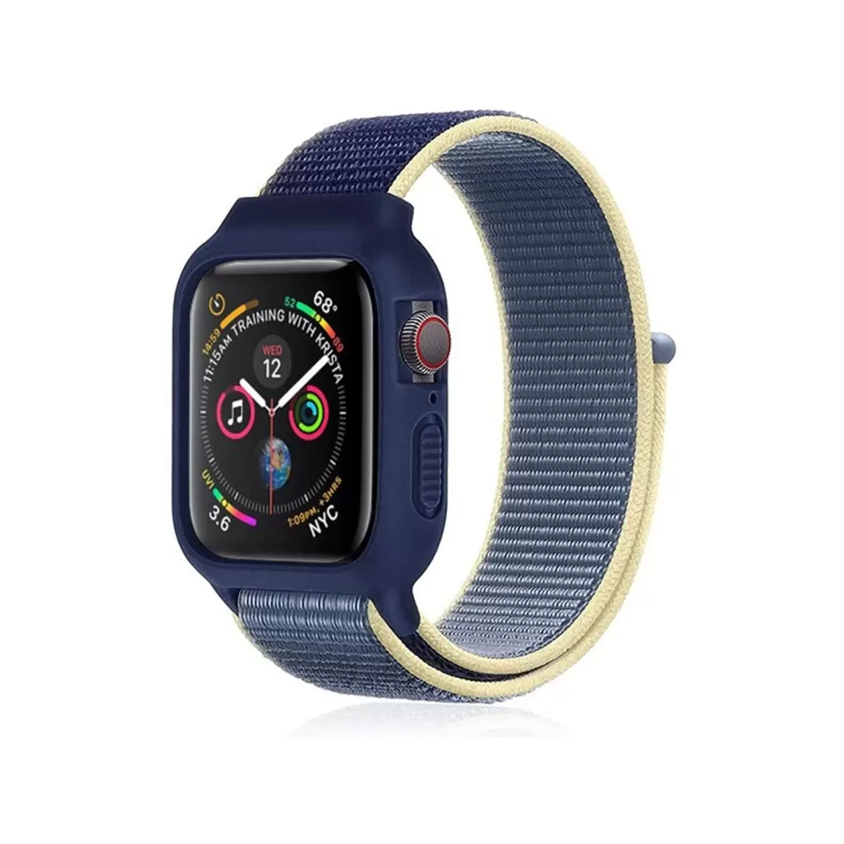 Newface Apple Watch 38mm Hasırlı Cırtcırtlı Kasalı Kordon - Sarı-Lacivert