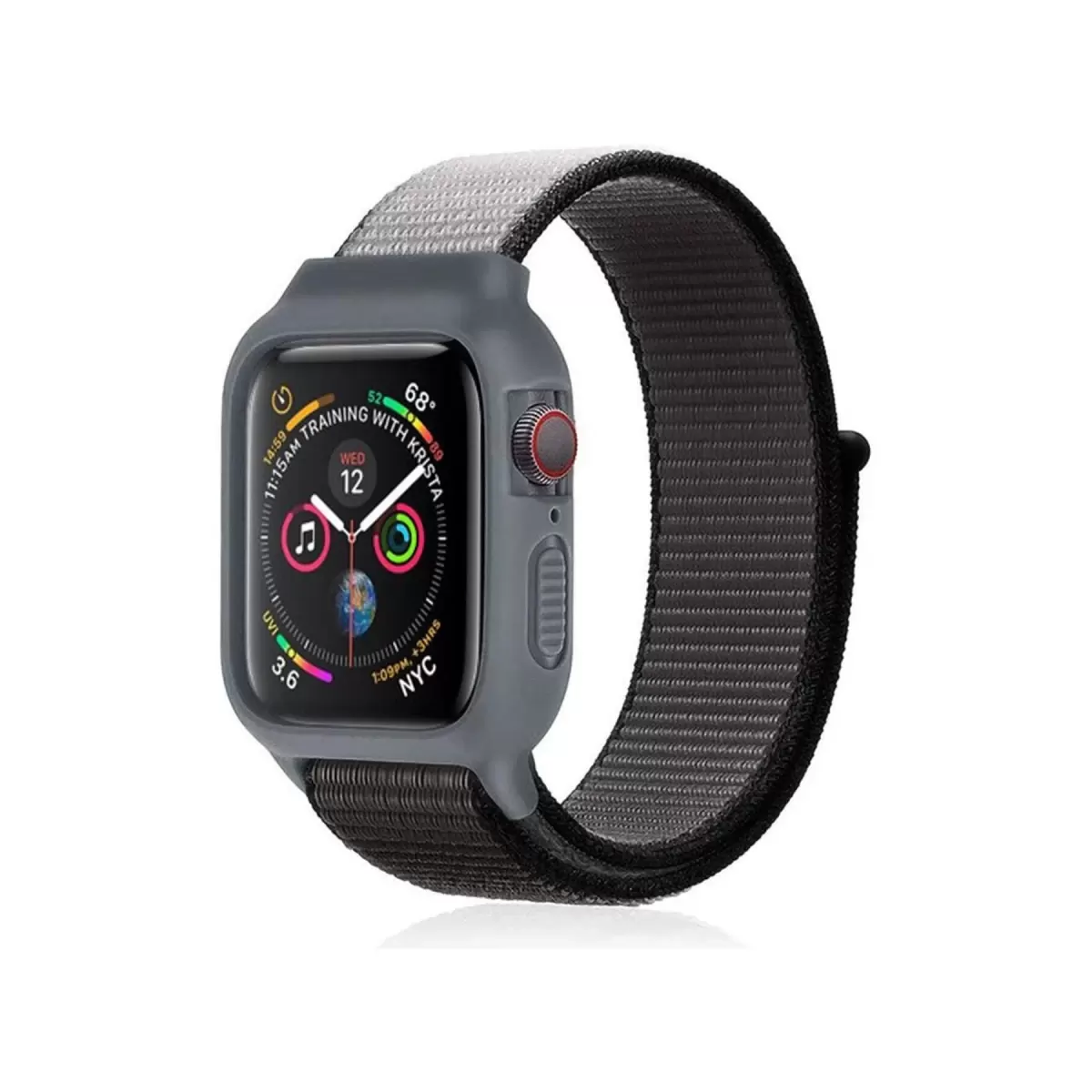 Newface Apple Watch 38mm Hasırlı Cırtcırtlı Kasalı Kordon - Siyah-Gri