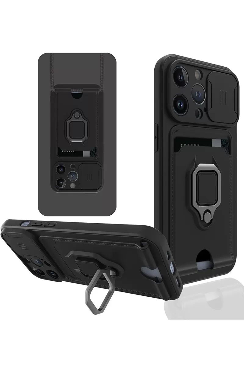 Newface Apple iPhone 14 Pro Max Kılıf Zuma Kartvizitli Yüzüklü Silikon - Siyah