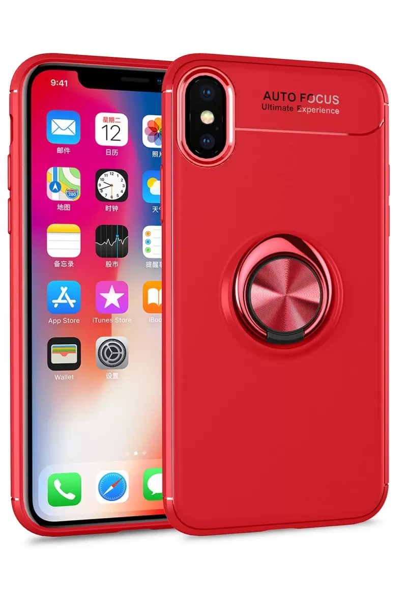 Newface Apple iPhone XS Kılıf Range Yüzüklü Silikon - Kırmızı