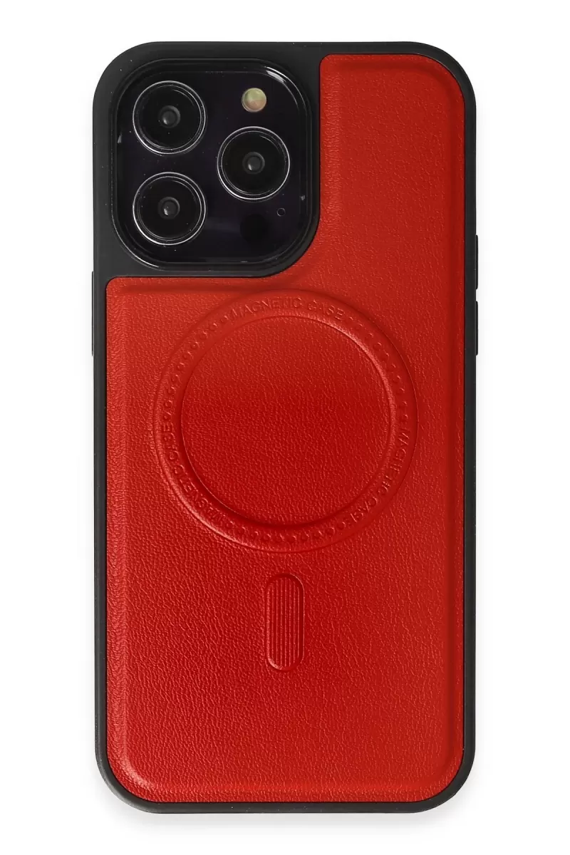 Newface Apple iPhone 13 Pro Max Kılıf Ozzi Magsafe Deri Kapak - Kırmızı