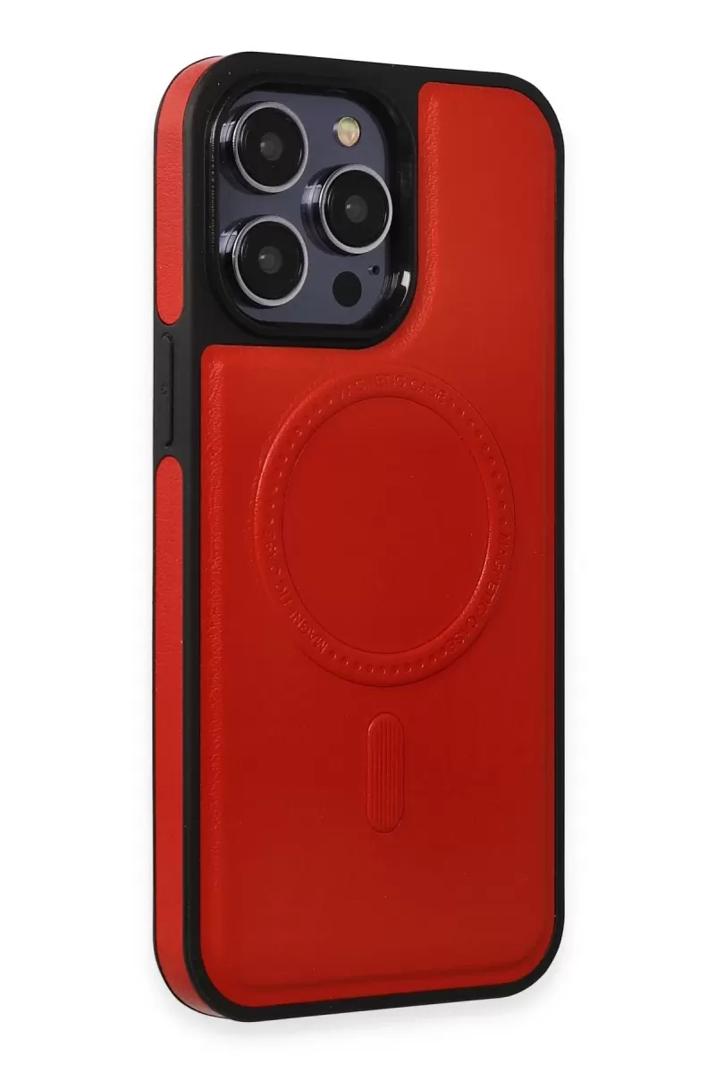 Newface Apple iPhone 13 Pro Max Kılıf Ozzi Magsafe Deri Kapak - Kırmızı