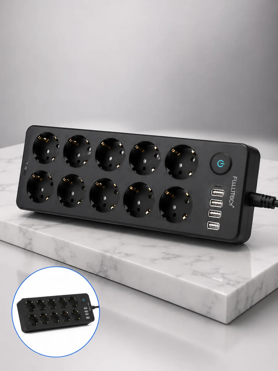 USB ve Type-C Çıkışlı 10'lu Akım Korumalı Çoklu Priz Güç Dağıtıcı