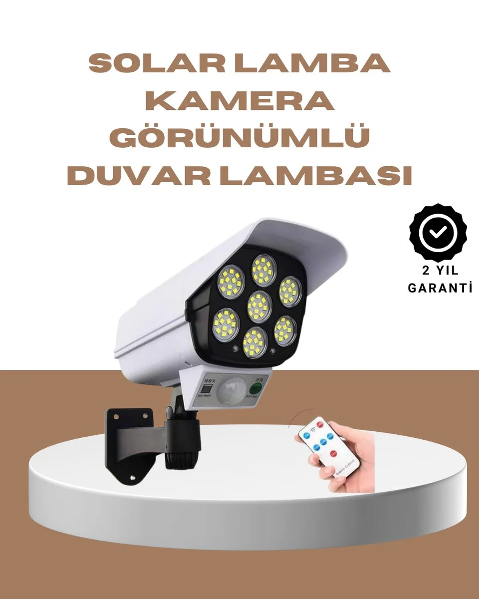 Güneş Enerjili LED Lamba + Güvenlik Kamerası Görünümlü– 5-8 m Hareket Algılamalı Beyaz Işık