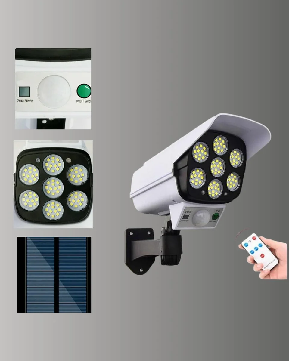 Güneş Enerjili LED Lamba + Güvenlik Kamerası Görünümlü– 5-8 m Hareket Algılamalı Beyaz Işık
