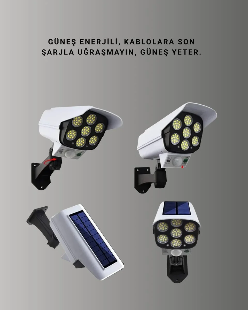 Güneş Enerjili LED Lamba + Güvenlik Kamerası Görünümlü– 5-8 m Hareket Algılamalı Beyaz Işık