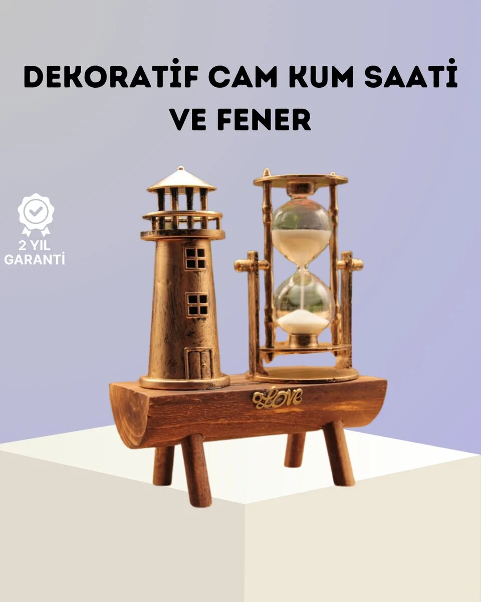 Dekoratif Ahşap Kum Saati ve Deniz Feneri Figürlü Masa Süsü – Şık ve Fonksiyonel Tasarım