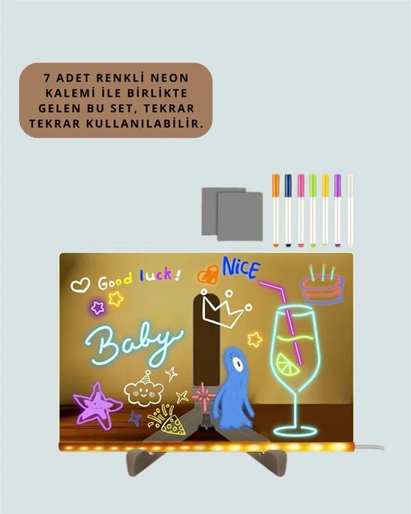 Çocuklar İçin Renkli LED Mesaj Tahtası – Neon Kalemli Eğlenceli ve Yaratıcı Yazı Panosu