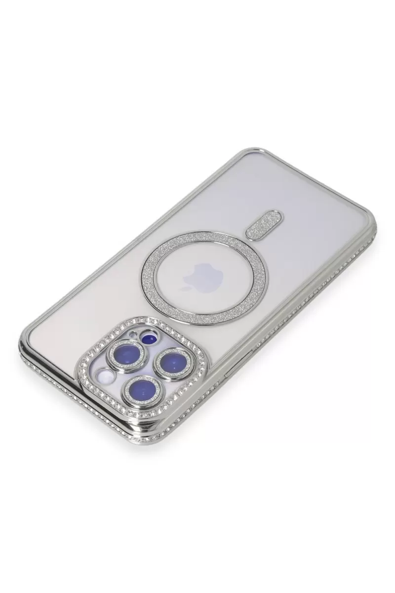 Newface Apple iPhone 15 Pro Max Kılıf Joke Simli Magneticsafe Kılıf - Gümüş