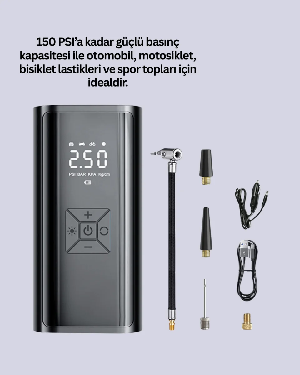 12V Uyumlu Çok İşlevli Akıllı Araç Lastik Pompası Yeni Nesil