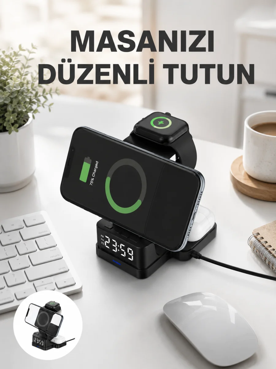 Dijital Saatli Kablosuz Şarj İstasyonu – 3’ü 1 Arada Apple Uyumlu Hızlı Şarj ve LED Ekran Yeni Nesil