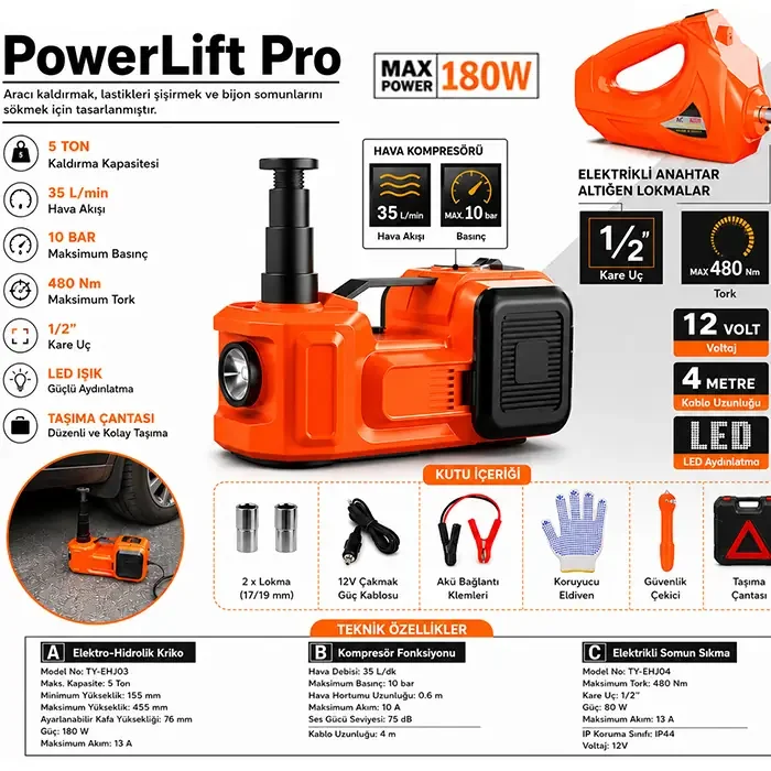 EZERE PowerLift Pro 5 Ton Çok Fonksiyonlu Elektrikli Hidrolik Kriko Lift Kaldırma / Kompresör / Bijon Sökme / LED Işık-(5775)
