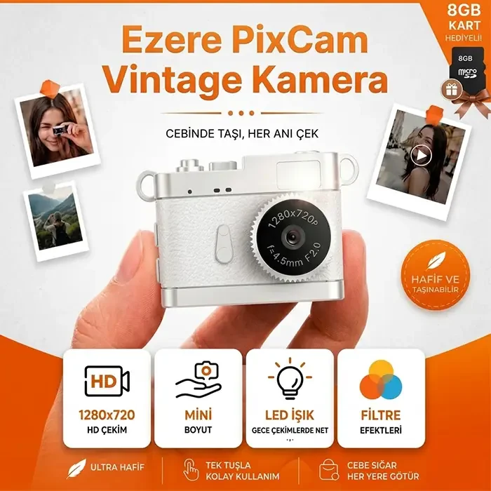 Ezere PixCam Vintage Taşınabilir Mini Dijital Kamera Selfie Video Vlog Kamerası Mini Anahtarlık 1080P-(5775)
