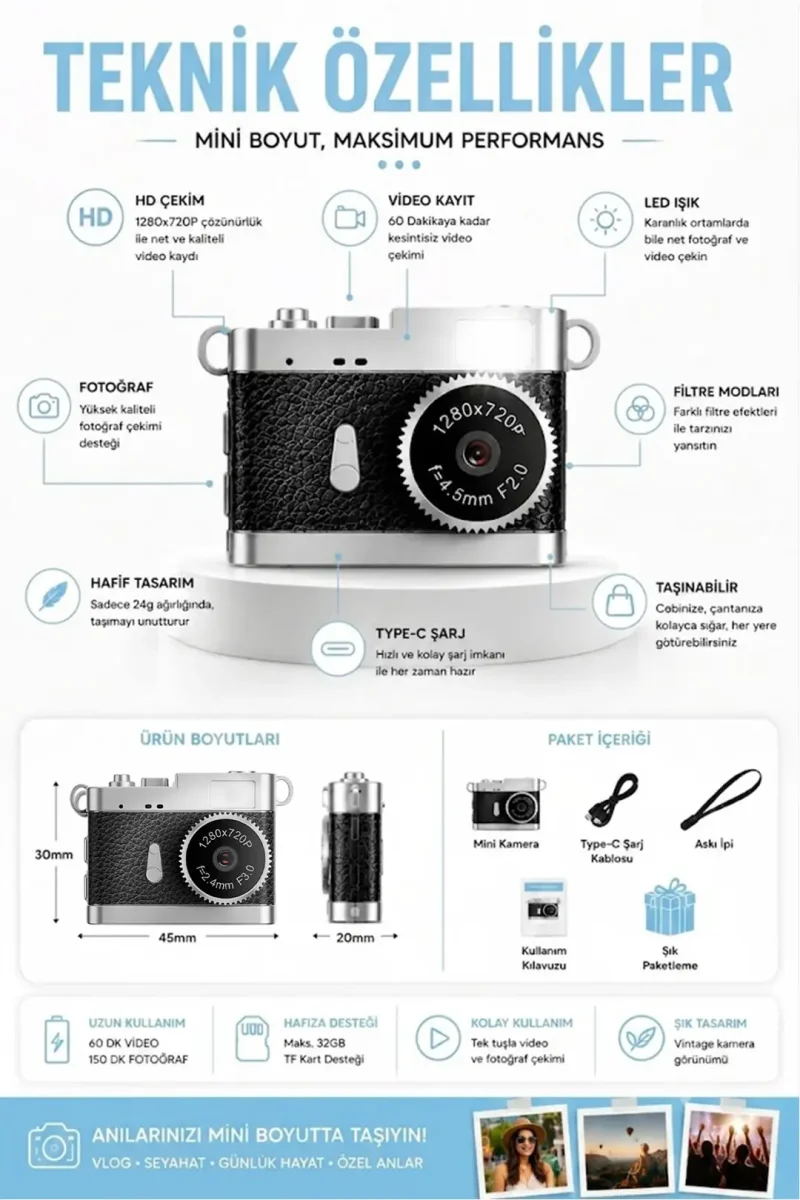 Ezere PixCam Vintage Taşınabilir Mini Dijital Kamera Selfie Video Vlog Kamerası Mini Anahtarlık 1080P-(5775)