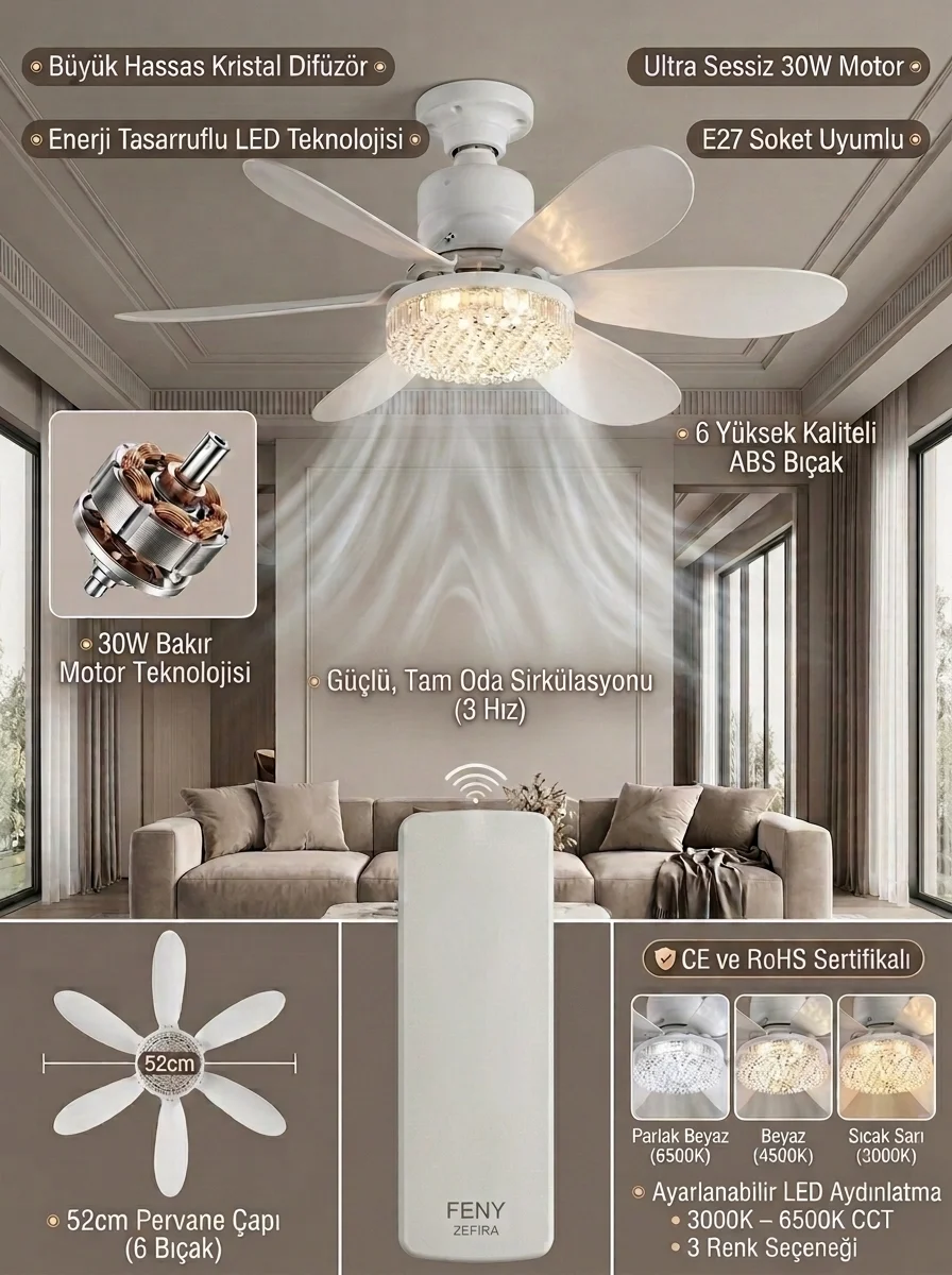 Crystal Aura 52 cm Ultra Sessiz LED Tavan Vantilatörü | 3 Kademeli Bakır Motor | Kumandalı Kristal Avize Vantilatör